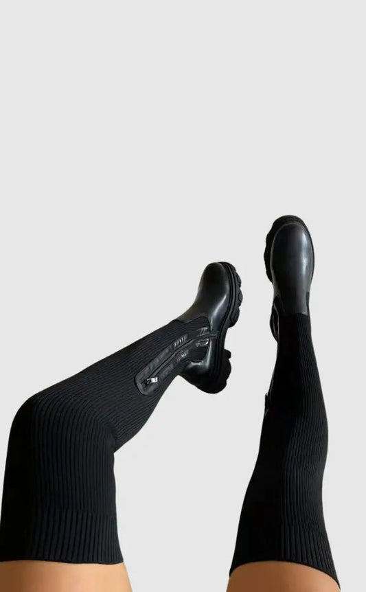 Stretch Knit Knee High Boots for Women - Comfortable Black Long Boots with Sleek Design