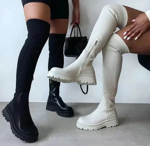 Stretch Knit Knee High Boots for Women - Comfortable Black Long Boots with Sleek Design