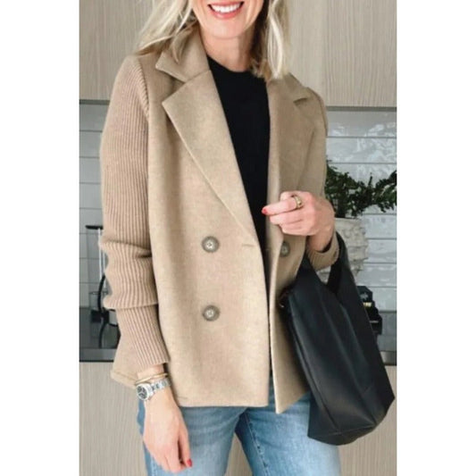 Women's Tailored Wool Coat, Double-Breasted Design with Ribbed Sleeves - Stylish Winter Coat for Women
