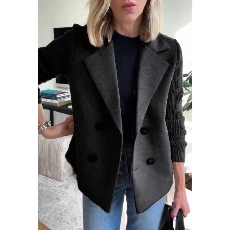 Women's Tailored Wool Coat, Double-Breasted Design with Ribbed Sleeves - Stylish Winter Coat for Women