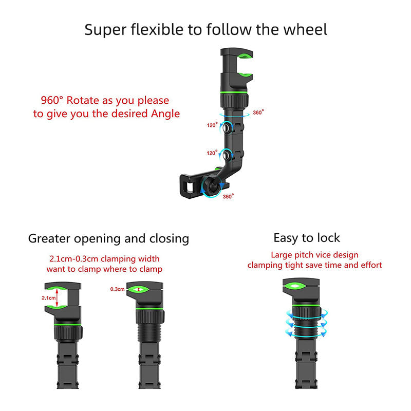 360° Rearview Mirror Phone Holder | Adjustable Mount for Car, Kitchen & Desk | Rotating ABS Clamp Stand