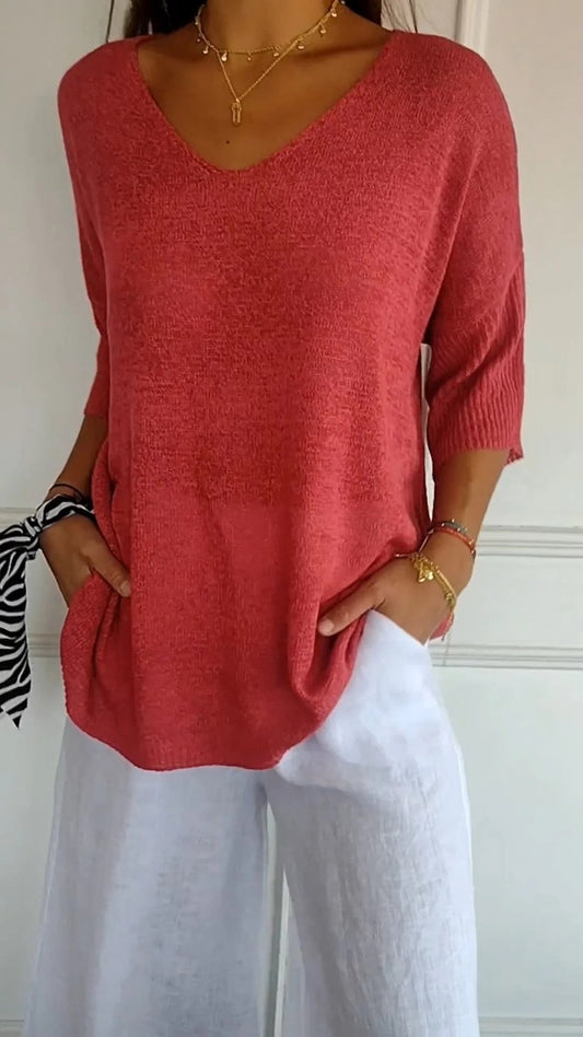 BasicKnitTop™ | Plain knitted top with V-neckline