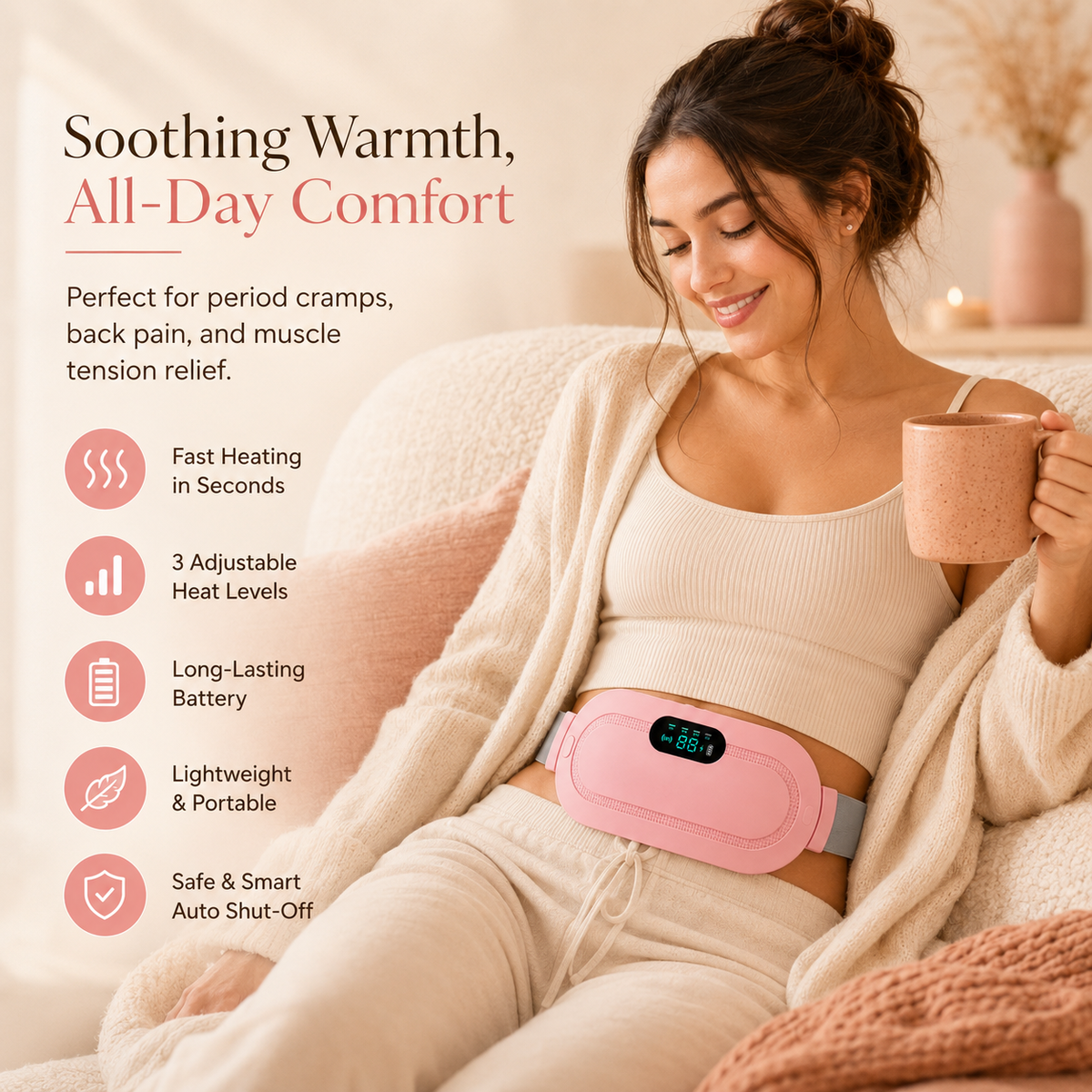 LunaHeat™ Ceinture Chauffante pour les Règles – Chaleur & Massage pour Soulager les Crampes Menstruelles