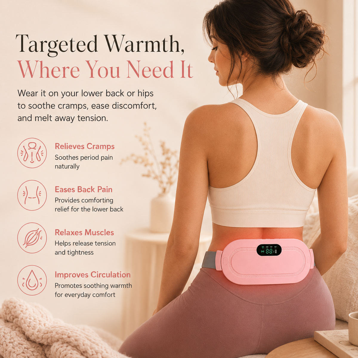 LunaHeat™ Ceinture Chauffante pour les Règles – Chaleur & Massage pour Soulager les Crampes Menstruelles