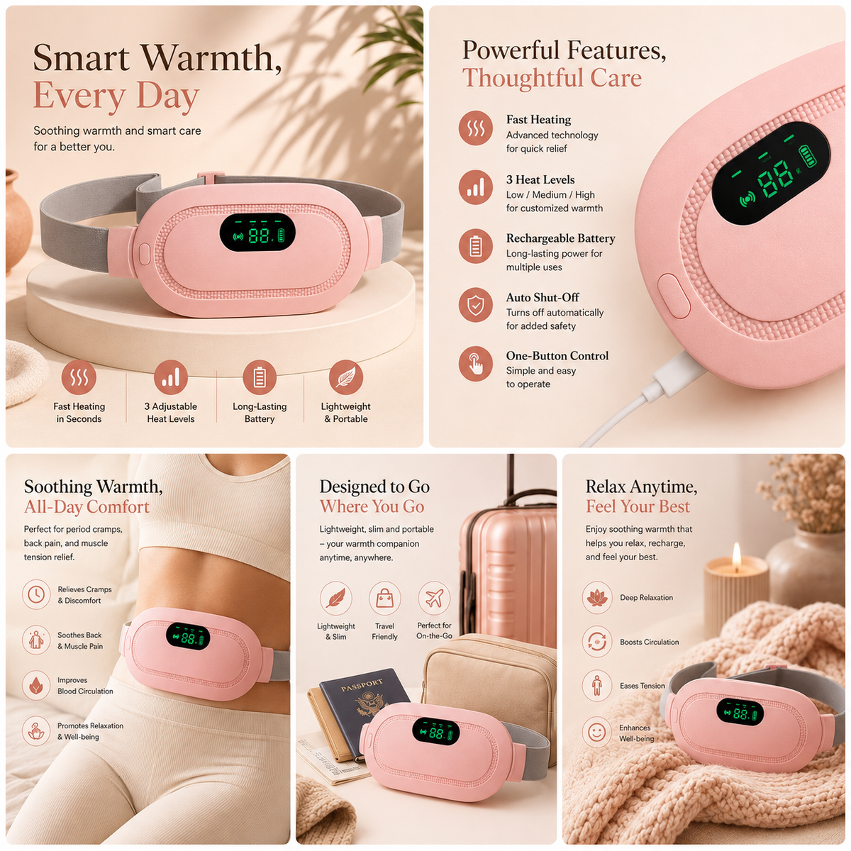 LunaHeat™ Ceinture Chauffante pour les Règles – Chaleur & Massage pour Soulager les Crampes Menstruelles