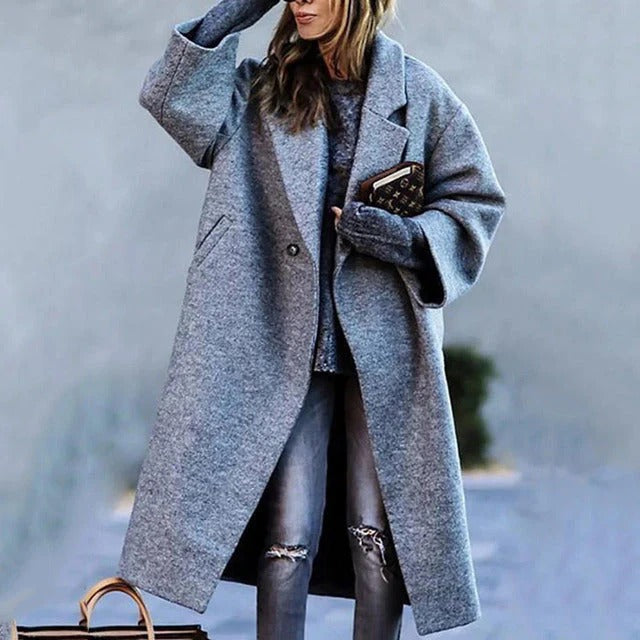 Women's Oversized Wool Blend Long Coat with Notched Lapel – Stylish Winter Coat for Autumn/Winter