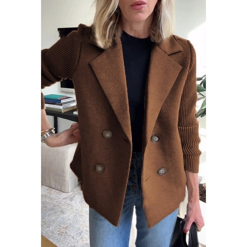 Women's Tailored Wool Coat, Double-Breasted Design with Ribbed Sleeves - Stylish Winter Coat for Women