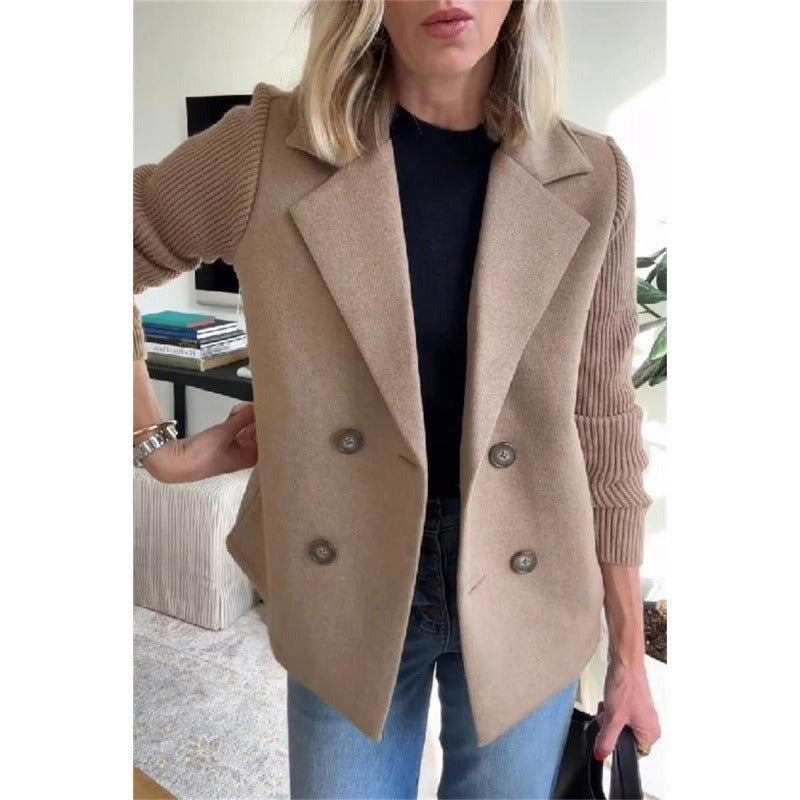 Women's Tailored Wool Coat, Double-Breasted Design with Ribbed Sleeves - Stylish Winter Coat for Women