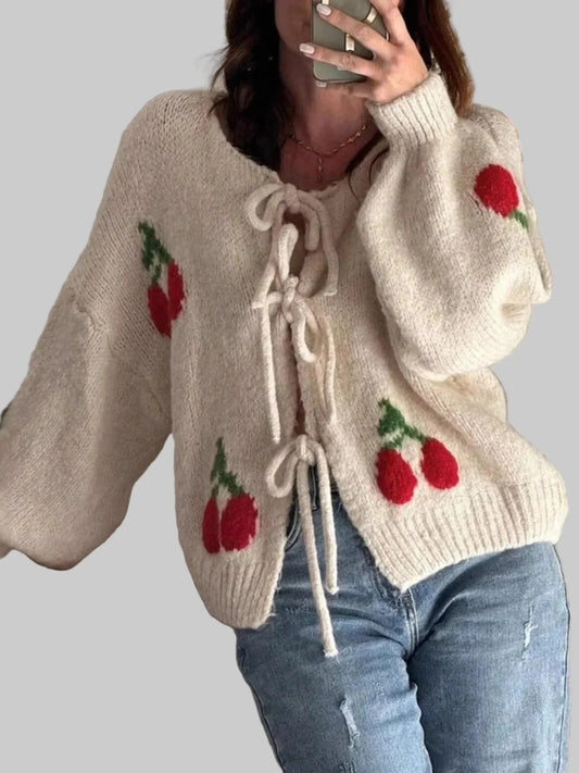 Women’s Tie-Front Cardigan | Oversized Fit | Cherry Pattern | Lace-Up Detail