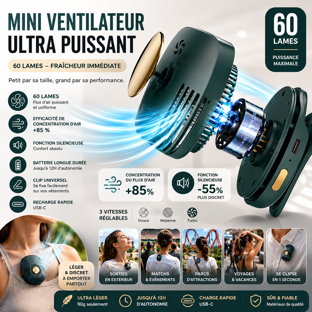 Mini Ventilateur Portable à Clip – Rechargeable, Léger et Mains Libres