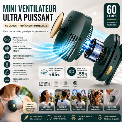 Mini Ventilateur Portable à Clip – Rechargeable, Léger et Mains Libres