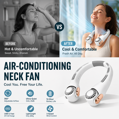 🍃 AirGlace™ | Ventilateur de Cou Portable – Refroidissement 360°, Ultra-Silencieux, Rechargeable & Mains Libres