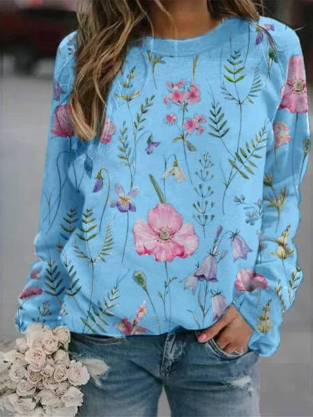 Women's Sweater Relaxed Fit Lightweight Knit Floral Print Crew Neck Long Sleeve