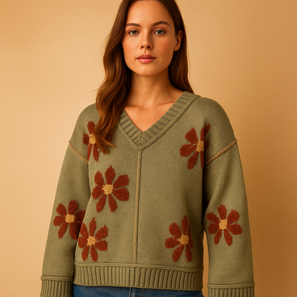 Knitted V-neck women’s sweater with floral pattern | Elvira