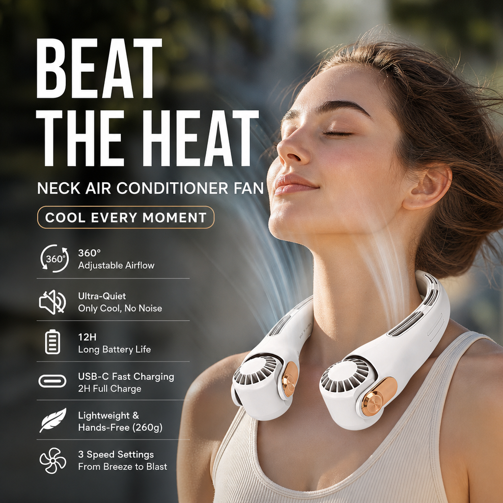 🍃 AirGlace™ | Ventilateur de Cou Portable – Refroidissement 360°, Ultra-Silencieux, Rechargeable & Mains Libres