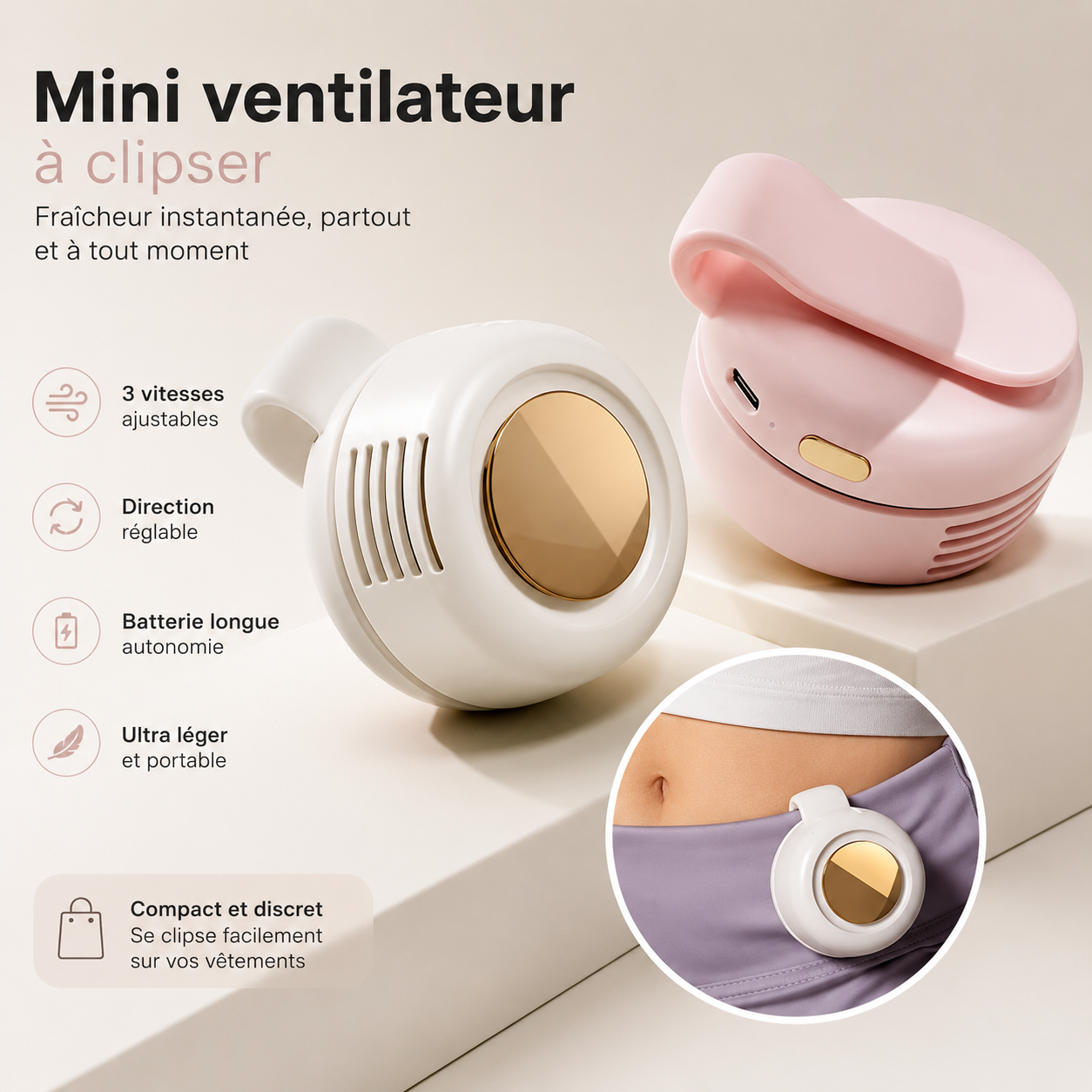 Mini Ventilateur Portable à Clip – Rechargeable, Léger et Mains Libres