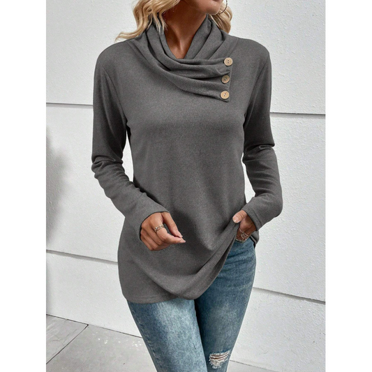 Women's Longsleeve Top Relaxed Fit Light Knit Fabric Cowl Neck with Buttons