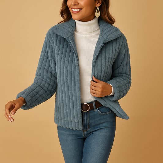 Long fleece cardigan with stand-up collar for women | Isabelle