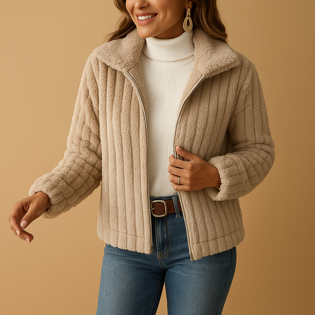 Long fleece cardigan with stand-up collar for women | Isabelle