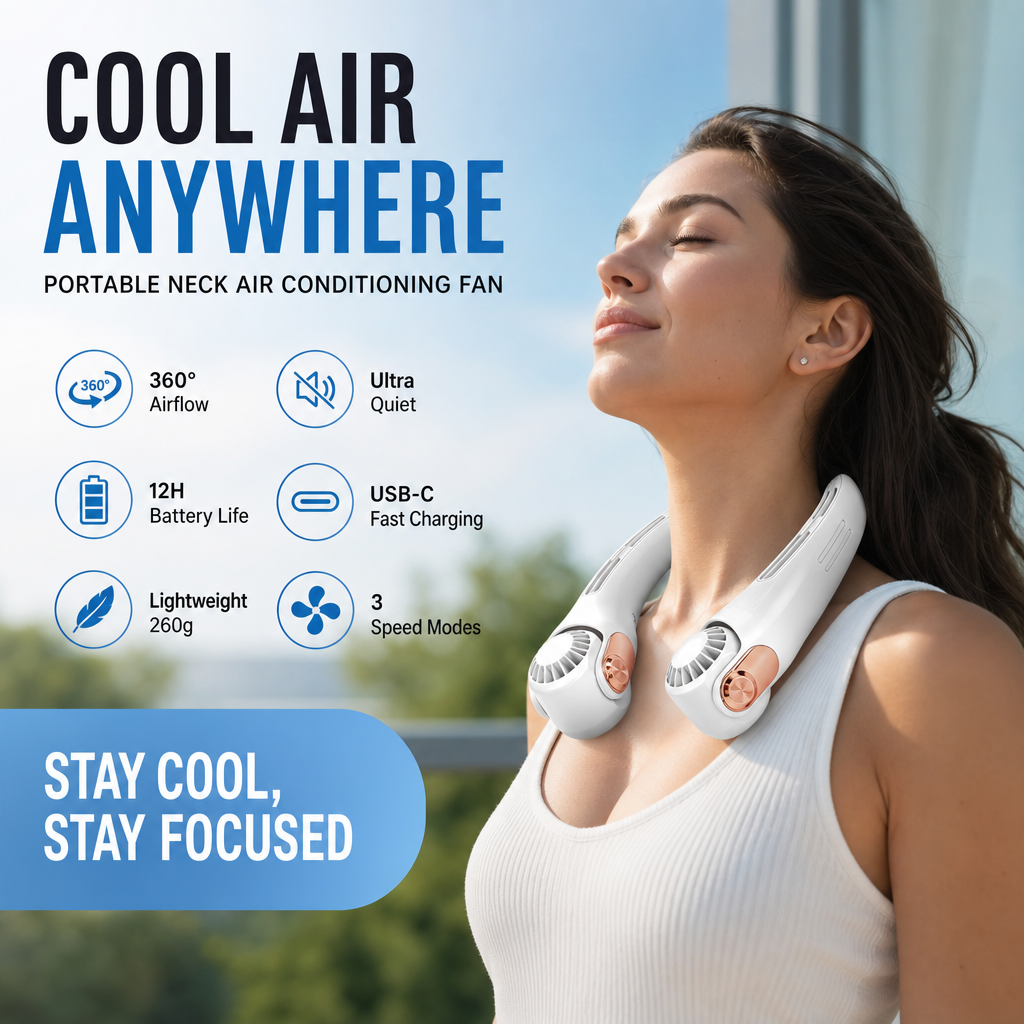 🍃 AirGlace™ | Ventilateur de Cou Portable – Refroidissement 360°, Ultra-Silencieux, Rechargeable & Mains Libres