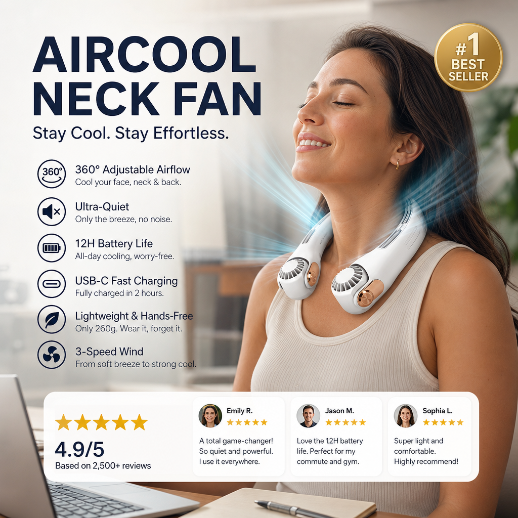 🍃 AirGlace™ | Ventilateur de Cou Portable – Refroidissement 360°, Ultra-Silencieux, Rechargeable & Mains Libres